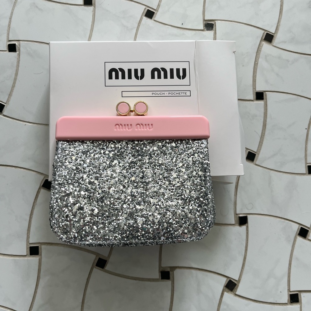 Miu Miu Beauty GWP mini Silver Glitter Clutch with Pink Frame